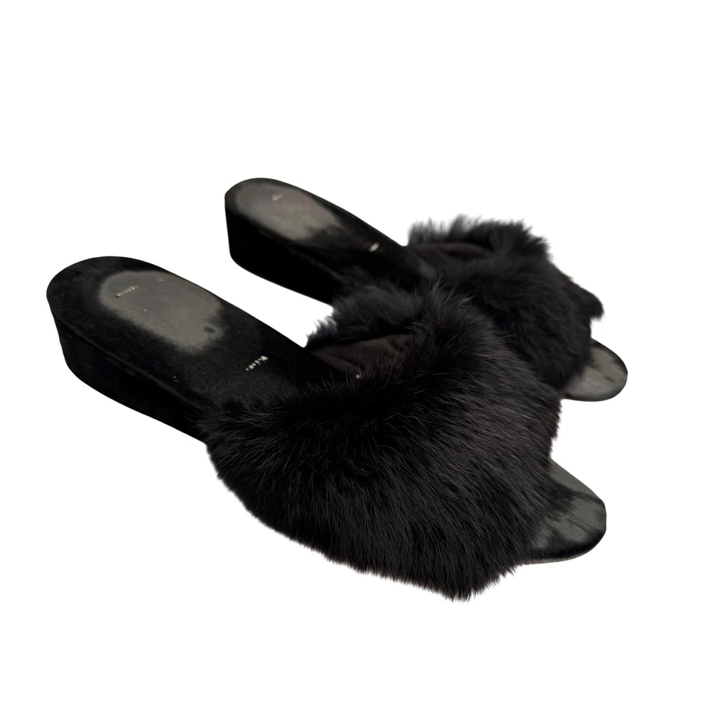 Vintage 80's Rabbit Fur Wedge Slide Slippers Black Mob Wife Nightwear Sz 7.5-8